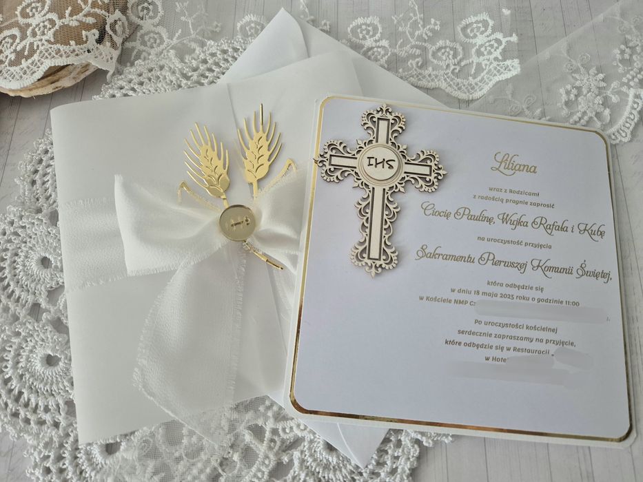 zaproszenia komunijne tekturka kłosy złoty tekst