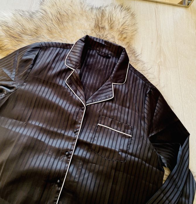 Czarna jedwabna koszula nocna piżama do spania rozpinana w paski XL