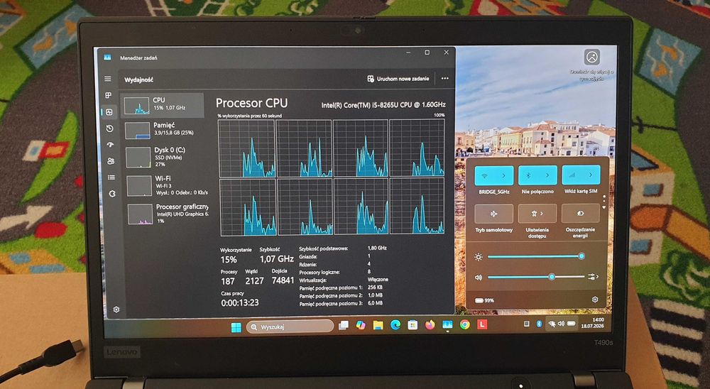 Biznesowy Metalowy Lenovo ThinkPad T490s intel Core 8th gen 16GB 512GB OFFICE 2021 bateria 89%, LTE