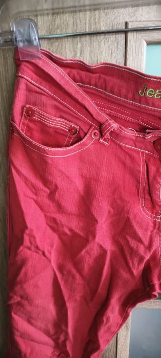 Spodnie damskie ala jeans kieszenie rozciągliwe czerwone L XL