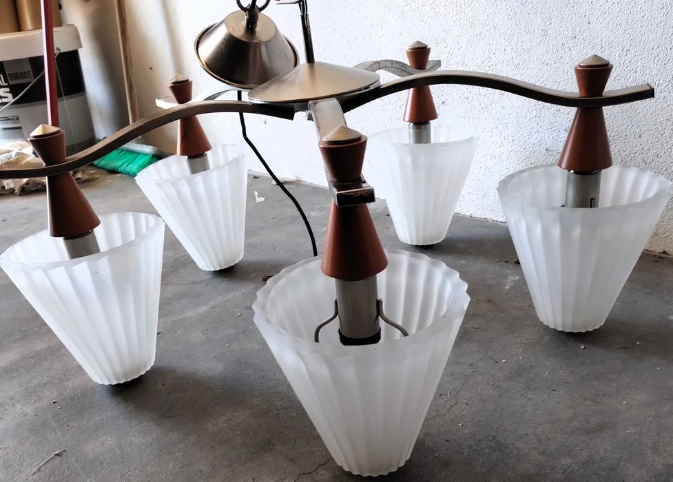 Candeeiro Tecto 5 Lustres Metal Madeira Vidro