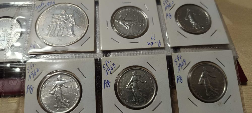 5 moedas de 5 francos em prata