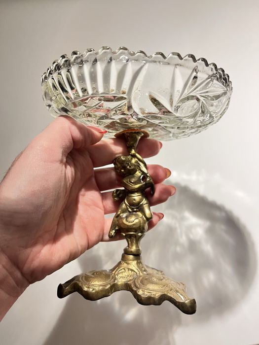 Kryształ i mosiądz stara vintage retro cukiernica kielich bombonierka