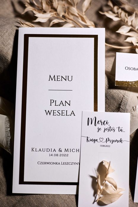 Menu weselne + plan wesela w stylu GLAMOUR