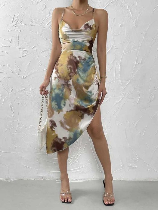 sukienka asymetryczna satynowa S wesele midi odkryte plecy wiązane