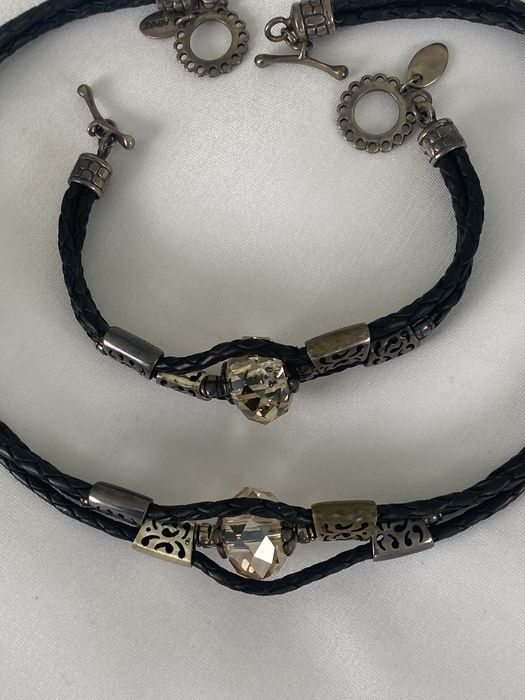 Komplet z kamieniem naszyjnik i bransoletka czarny rzemyk