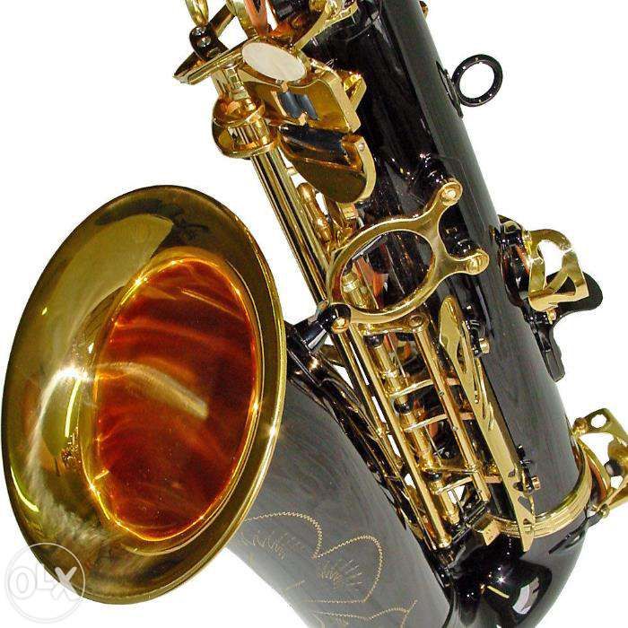 Saxofone alto preto e dourado.