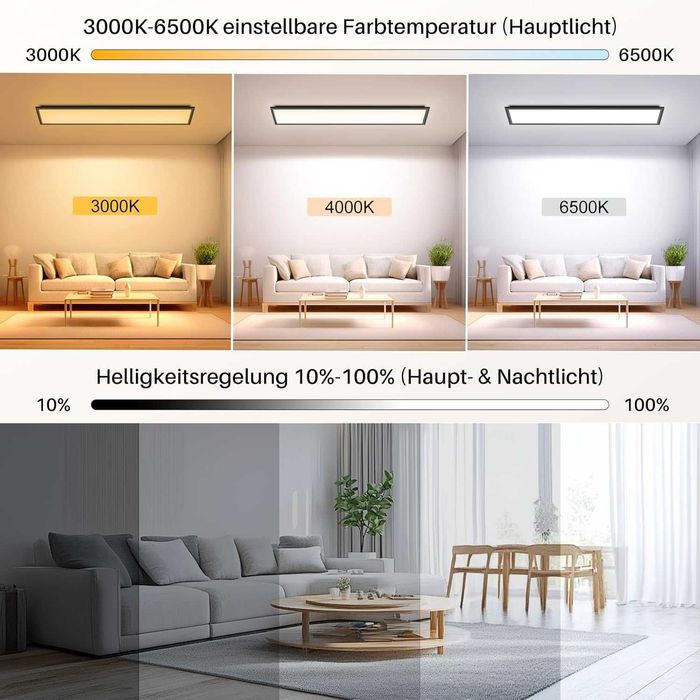 Painel LED de Teto 100×25cm Dimmável com Comando – 36 W, 3600 lm, Novo