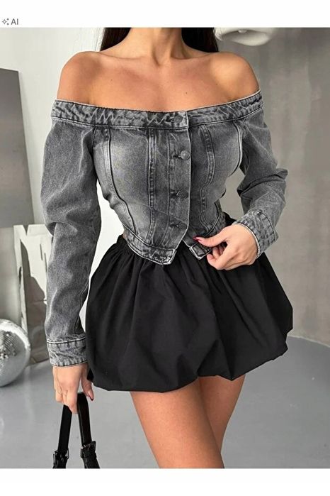 Szara jeansowa koszula odkryte ramiona w stylu retro m 5ia