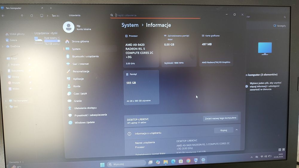 HP 17,3" AMD A9 / 8 GB RAM / Windows 11 – sprawny, gotowy do pracy