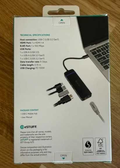 Hub USB-C 5 em 1 (HDMI 4K, RJ45 Ethernet, USB 3.0, PD 100W)