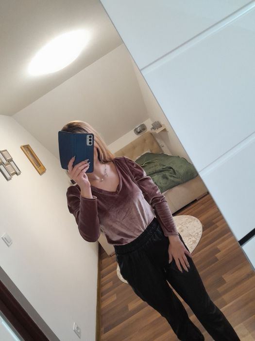 Spodnie skórzane woskowane azurowe wysoki stan kobiece eleganckie luzn