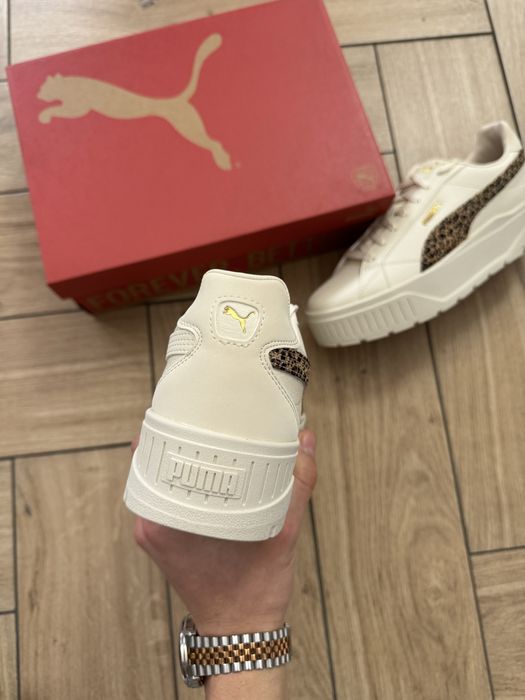 Nowe Skórzane Trampki Damskie Puma na Platformie Panterka Kremowe 41