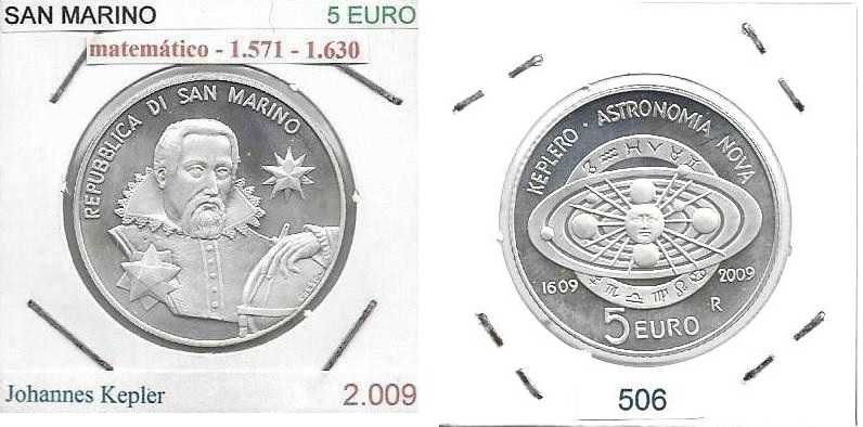 San Marino -  - 5 Euros - 2009 - - Giovanni Keplero - - Moeda de Prata