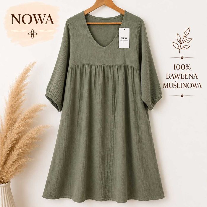 Nowa khaki zielona sukienka maxi długa muślinowa bawełna bufiaste rękawy boho