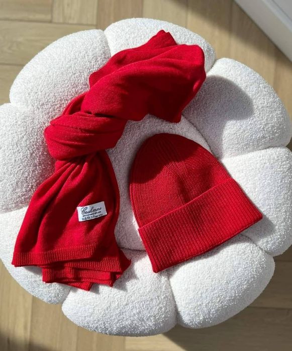 Czerwony najmodniejszy komplet cashmere kaszmirowy czapka i szalik