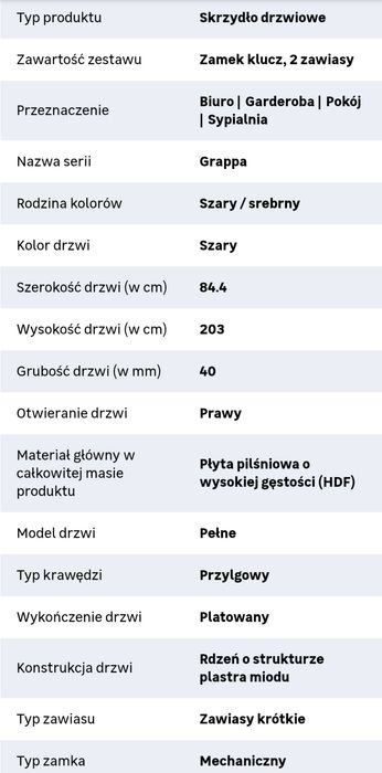 Drzwi wewnętrzne pełne Grappa Grau 80 Prawe TANIO
