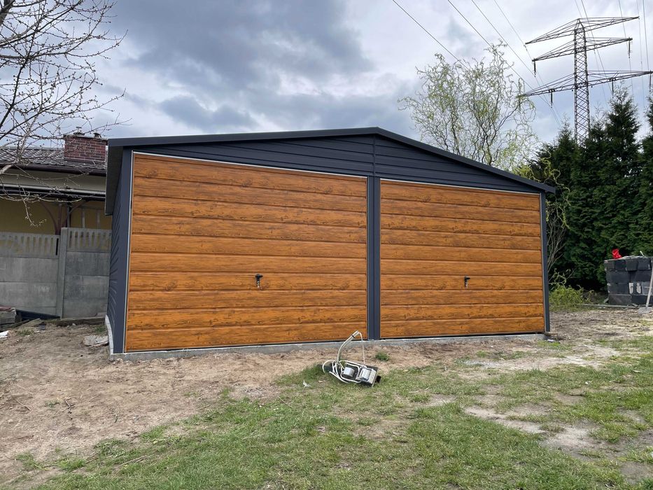 Garaż blaszany 6x6, grafit mat + złoty dąb. PROFIL OCYNKOWANY.