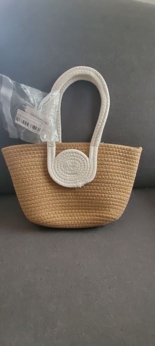 Torebka-kosz bezowo-biała, sznurek