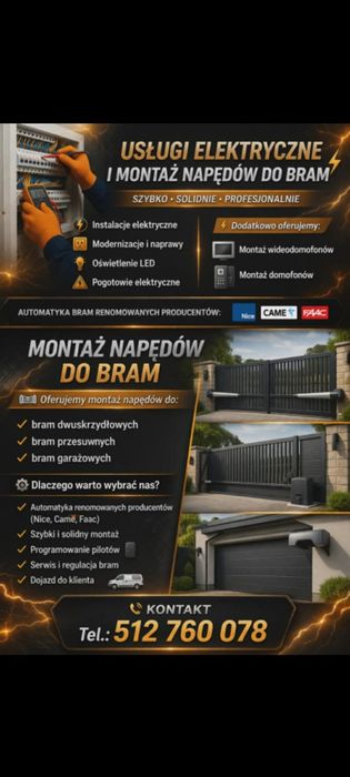 Montaż napęd do bram,monitoring,domofony jak i cała elektryka.