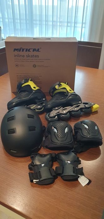 Patins em linha 35-38 + capacete+proteção braços e pernas