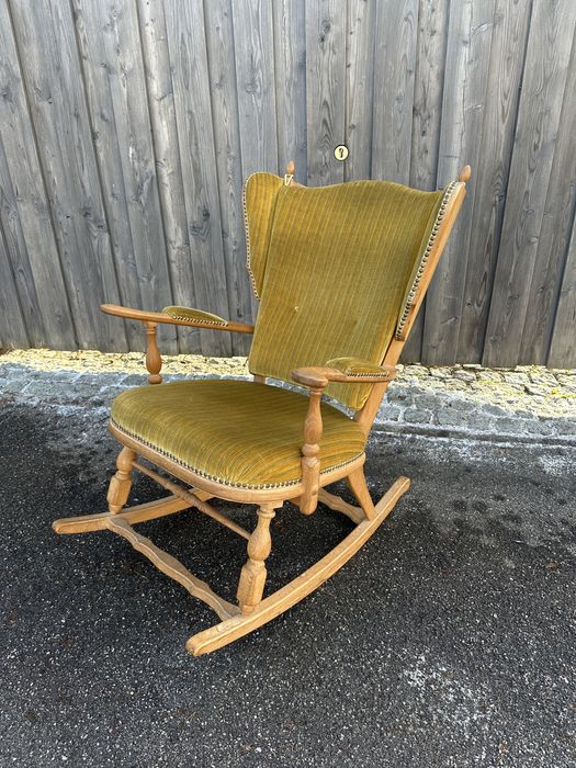 Holenderski fotel bujany dębowy vintage musztardowy oliwkowy