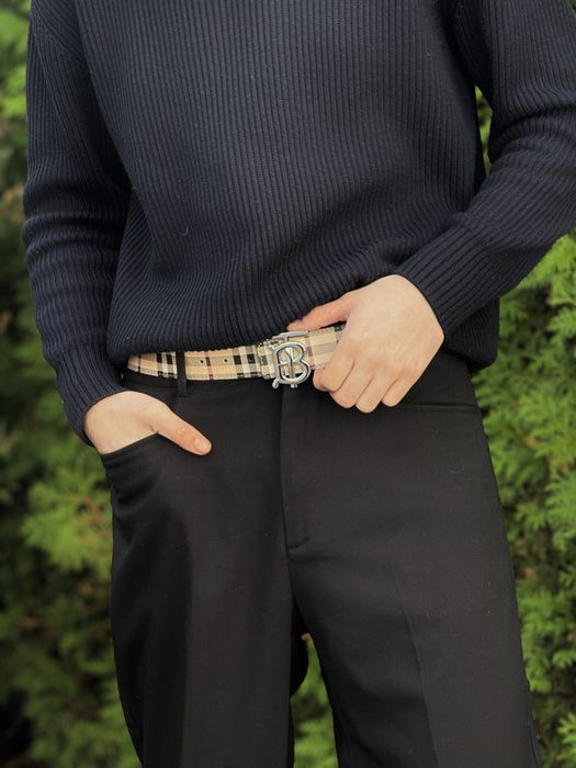 Ремень Burberry бежевый мужской ремінь Барбери шкіряний чорний пасок