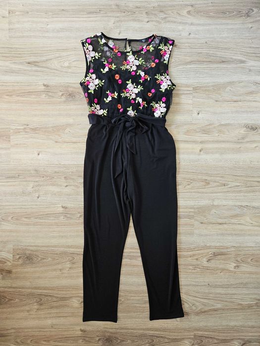 Kombinezon czarny długie nogawki z paskiem haft elegancki wesele L XL