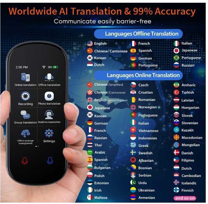Tłumacz natychmiastowy, głosowy, dwukierunkowy 137 języków VORMOR Z2
