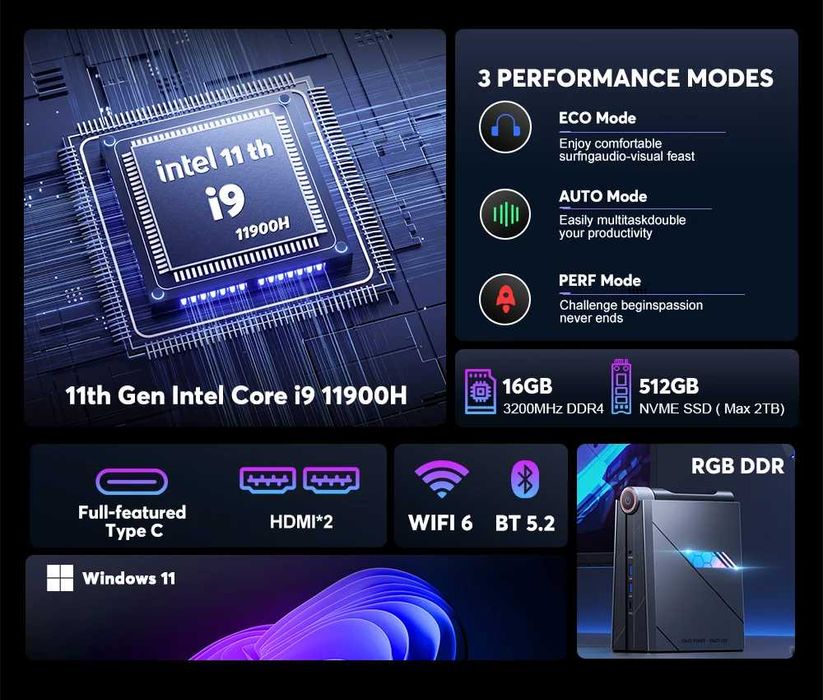 Потужний Mini-PC i9-11900H | 16GB DDR4 512GB | WiFi6/BT5.2 Win11 RGB