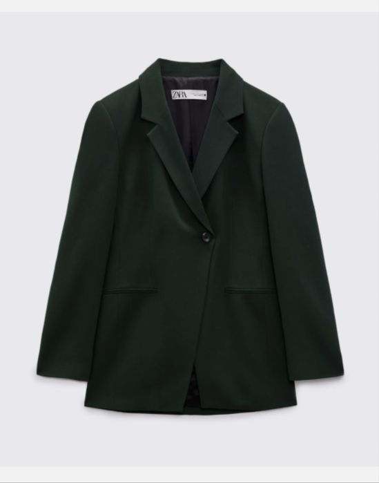Темно-зелений брючний  костюм з асеметричним жакетом з вовни zara
