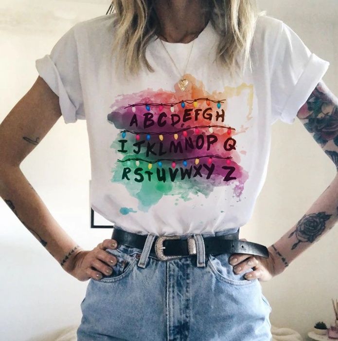 Koszulka fan Stranger Things biała napis bawełna damska M L 40 42