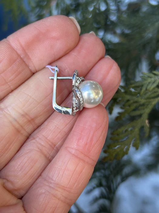 Новий срібний набір з перлинами, сережки + каблучка