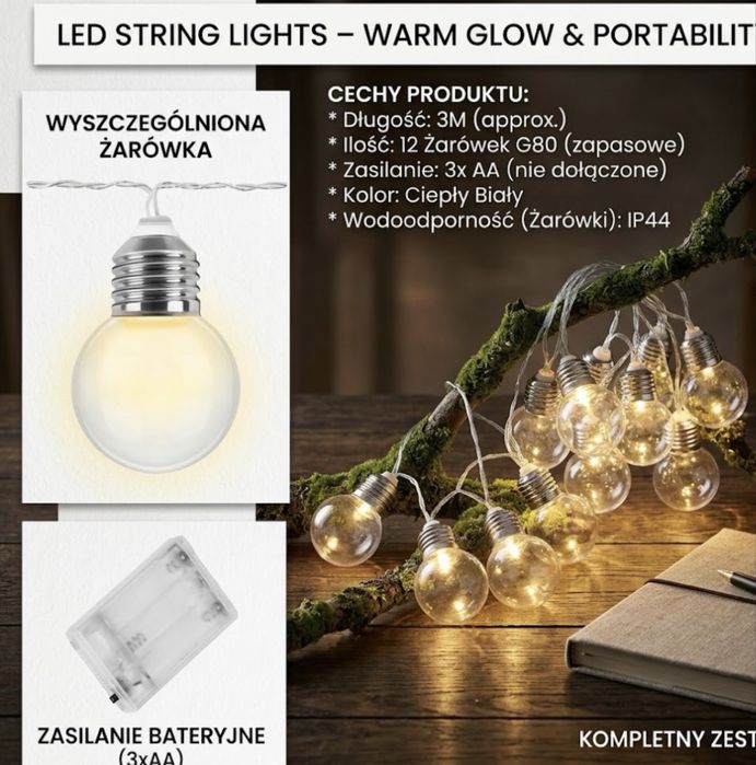 Girlanda solarna świetlna ozdobna ogrodowa 3m 20 LED ciepłe światło retro