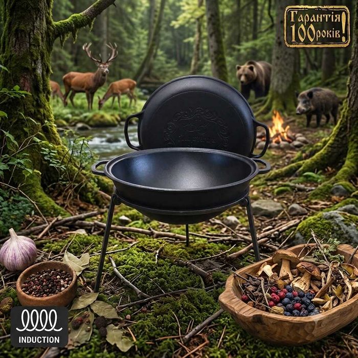 Казан чавунний,чугунный узбецький WOK 12 л з кришкою-сковородою