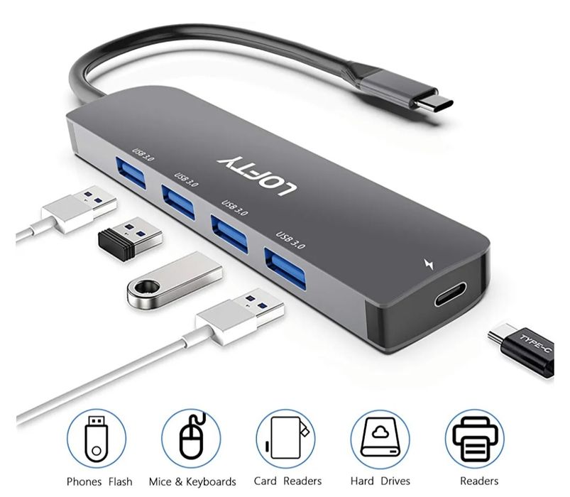 Hub C USB C 5 en 1, 4 USB 3.0 y 1 Puerto de Carga Tipo C a PD 5Gbps, M