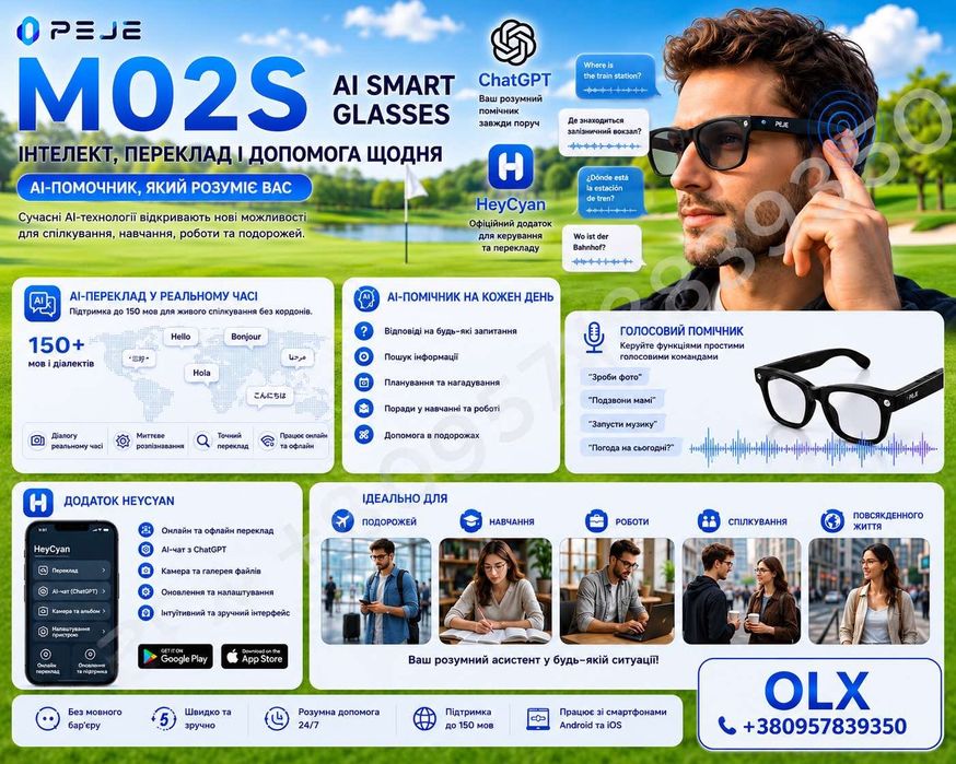 Смарт окуляри PEJE M02S — AI, камера 8 МП, ChatGPT, переклад до 150 мов, Full HD відео, Bluetooth, Wi-Fi, фотохромні лінзи та стиль щодня!