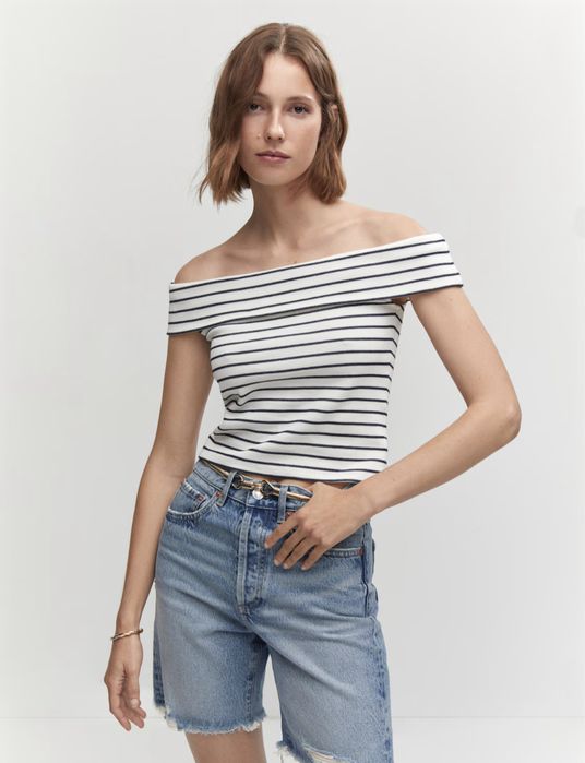 Nowy top z odkrytymi ramionami Mango L paski marine
