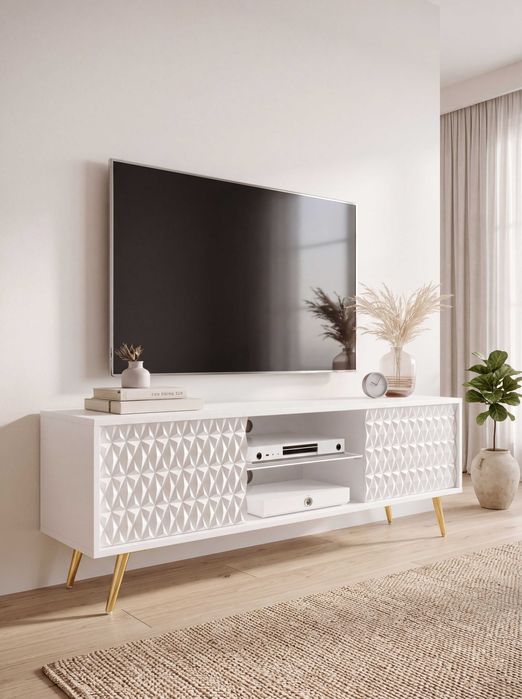 Szafka RTV biała ryflowana 135 cm złote nogi PORTO - wyprzedaż