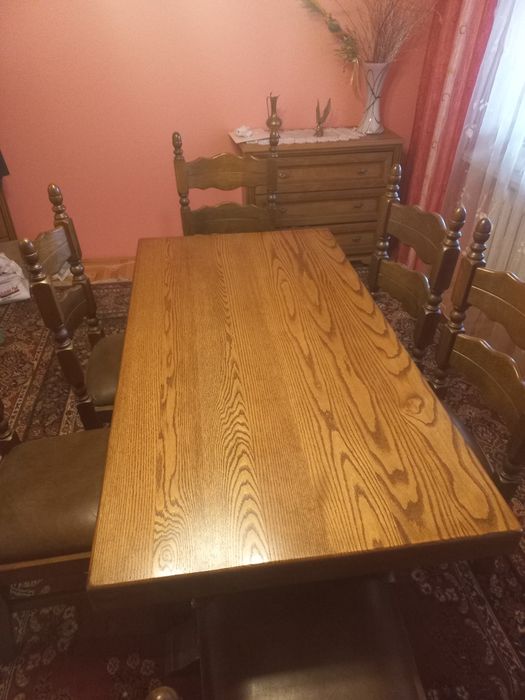 Dębowy solidny stół + 6 krzeseł