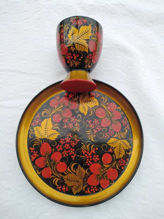 Khokhloma Artesanato Madeira - Prato com Copo