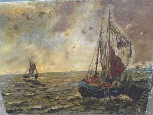 Obraz olejny na płótnie łodzie na morzu Wilhelm Mosblech 1868 - 1934