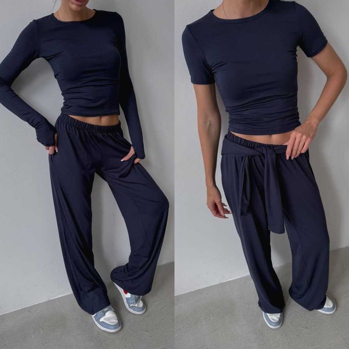 Жіночий костюм 3в1 трійка топ + лонгслів + штани палаццо нат. віскоза