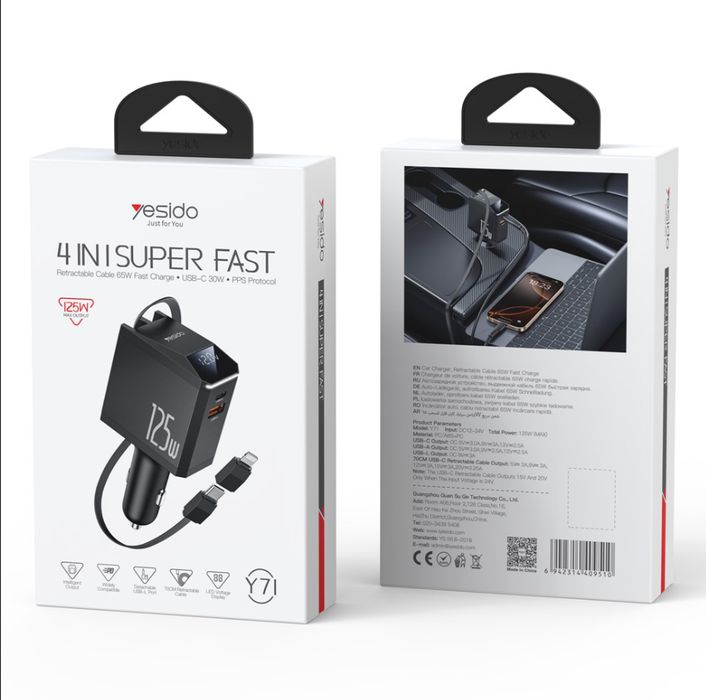 yesido Ład. sam. Y71 125W Fast Charging 4w1 LED + Kabel 65W C+iP, BLAC