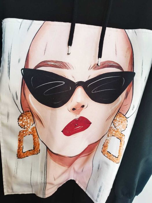 Długa Oryginalna bluza z kieszeniami i kapturem, bawełniana_S