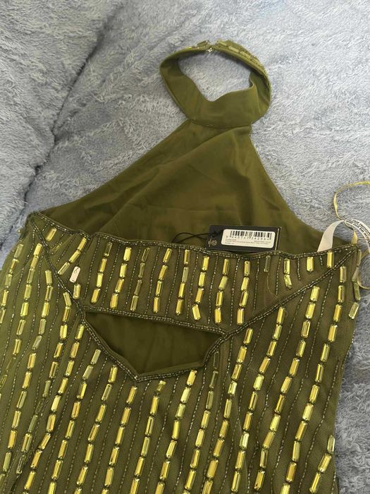 Warehouse Sukienka maxi oliwkowa kamienie galamour wesele S/M GRATIS