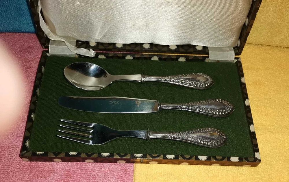 Conjunto infantil faca, garfo/ colher prata/aço inoxidável