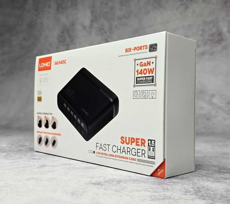 Мережевий зарядний пристрій LDNIO A6140C LED 6xUSB PD3.0 140W QC4.0