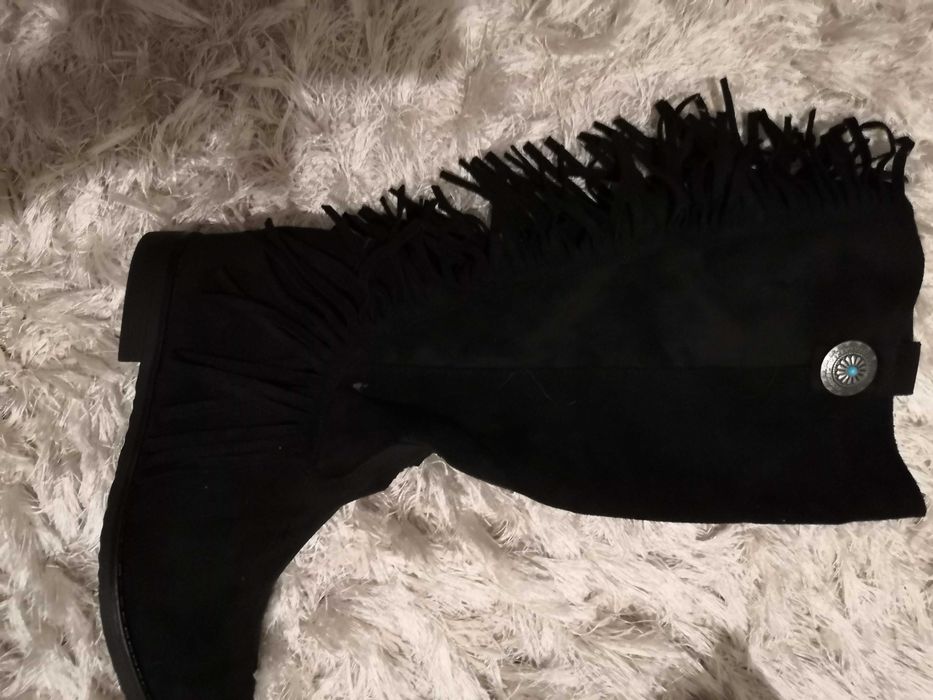 kozaki czarne, zamsz, płaski obcas, frędzle