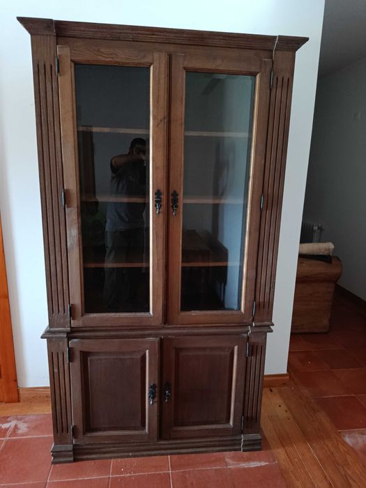 Movel armario louceiro cristaleira estante livreiro vitrine madeira castanho maciça qualidade